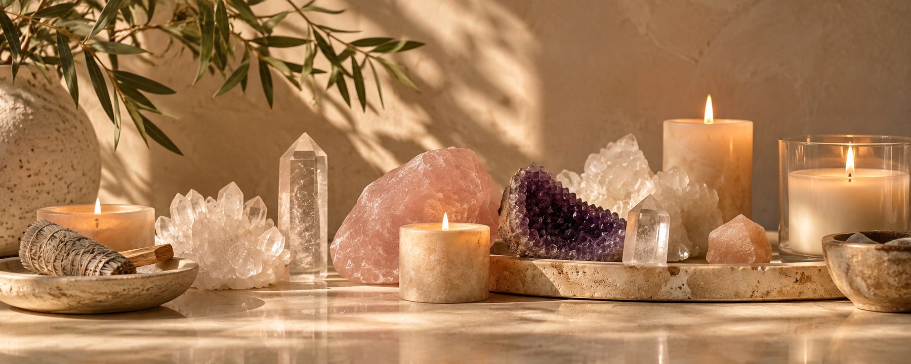 Candles, crystals, and sage on a sunlit stone table at the Holytans studio